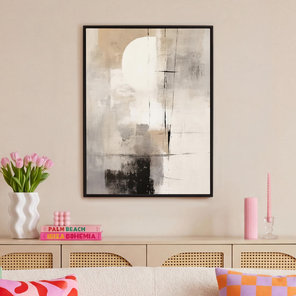 LEINWAND Bilder mit Rahmen - Abstrakt - Kunst - Grau - 70x100 - Hellgrau, Textil (70/100cm) - MuchoWow