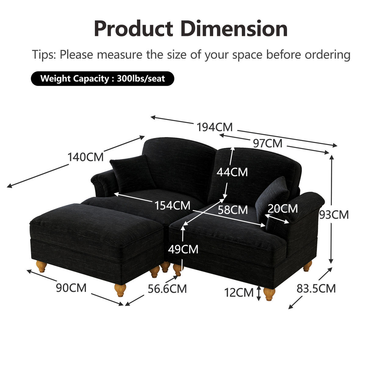 MODULARES Ecksofa Chenille mit Hocker L-Form 194/140/93 cm Schwarz - Schwarz, Textil (140/194cm) - Redom