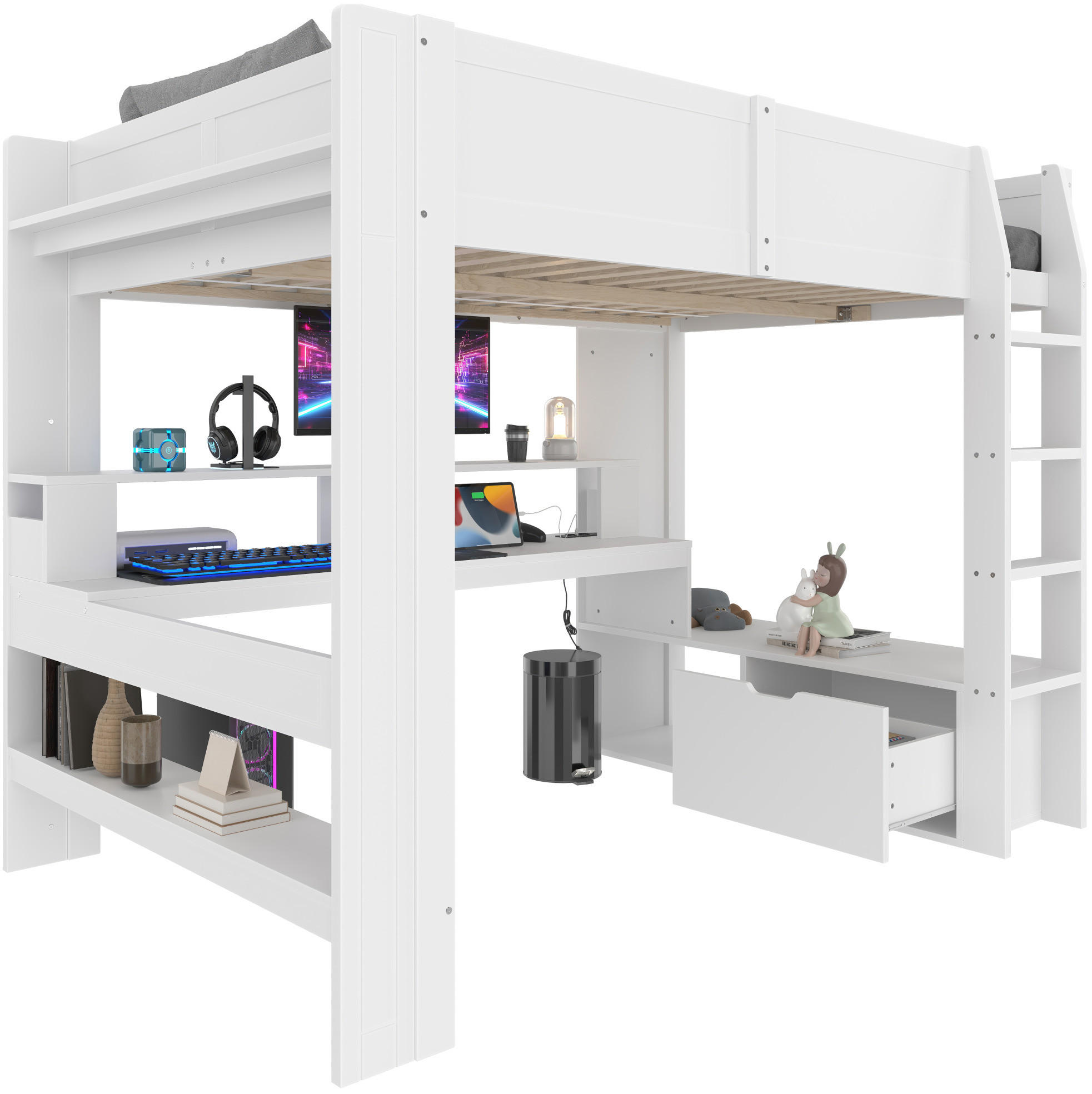HOCHBETT mit Schreibtisch 140/200 cm in Weiß – mit LED, Regalen und Schublade - Weiß, Holz (140/200cm) - BEAOK