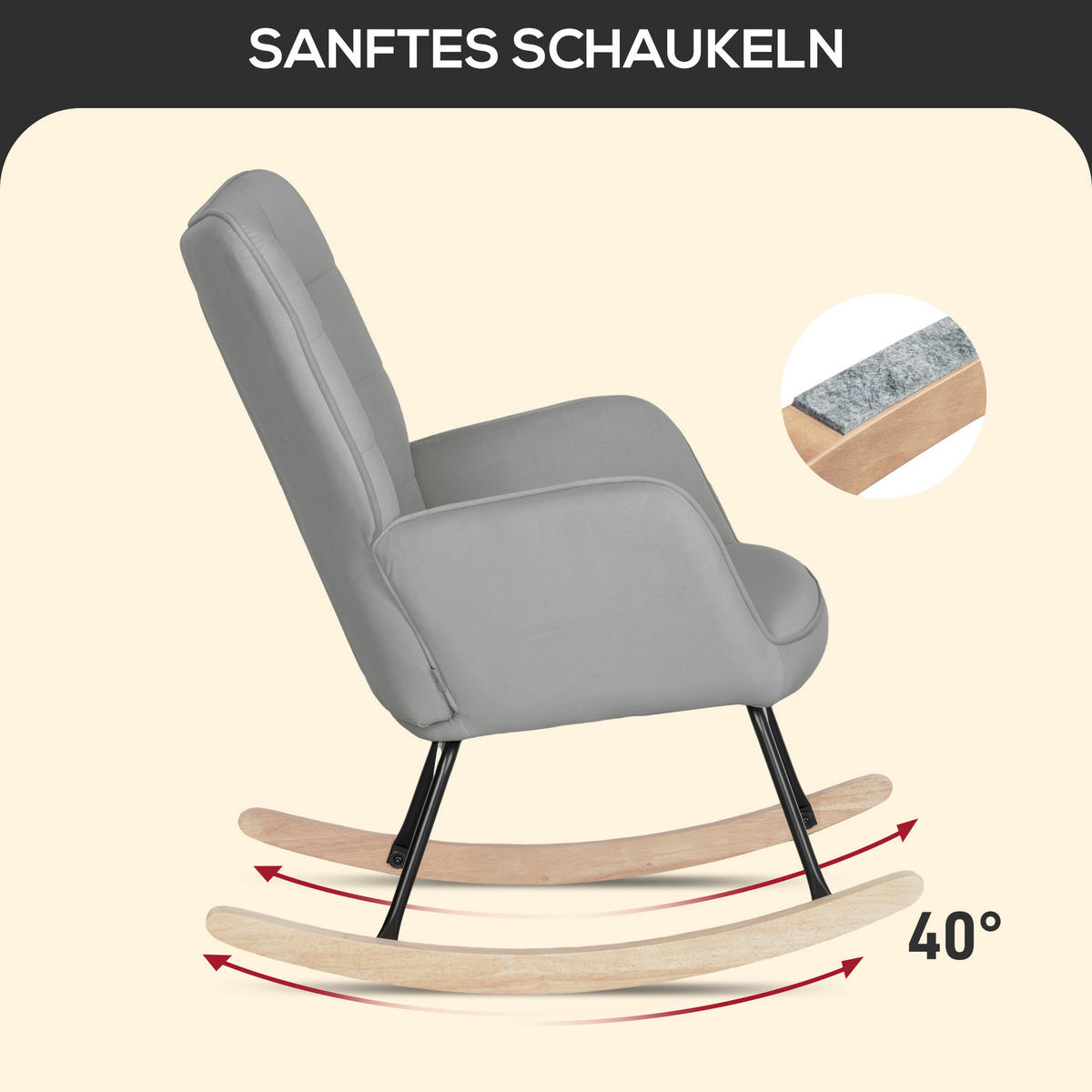 SCHAUKELSTUHL, Schaukelsessel mit Samtoptik, Armlehne für Wohnzimmer, Hellgrau - Hellgrau/Naturfarben, Buchenholz/Textil (98/101/71cm) - HOMCOM