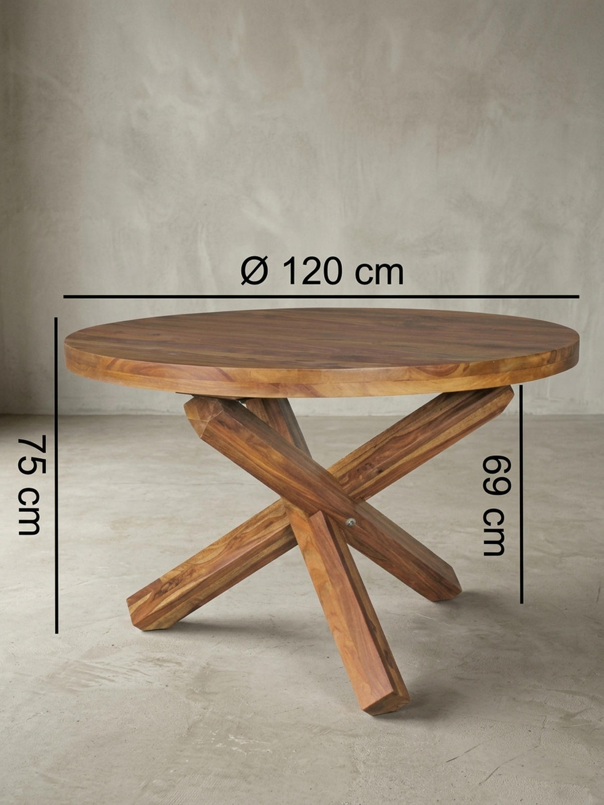 ESSTISCH Massivholz Rund Kreuzbeine Handgefertigt TEKO, Braun 120x120x75 cm - Braun, Holz (120/120/75cm) - KADIMA DESIGN