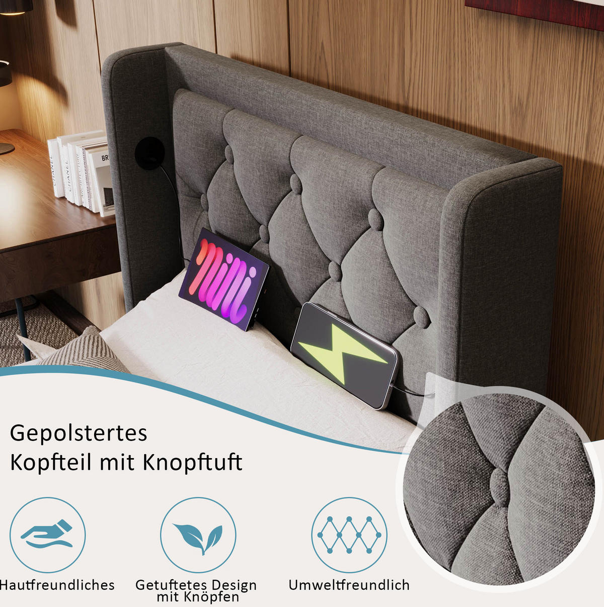 POLSTERBETT 90/200 cm Grau aus Baumwolle mit Stauraum und LED - Grau, Textil (90/200cm) - OKMYHOME