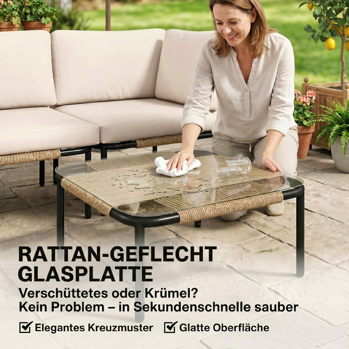 RATTAN-GARTENMÖBEL-SET 5er Set PE-Rattan Stahl Khaki - Beige/Schwarz, Textil/Metall - Outsunny