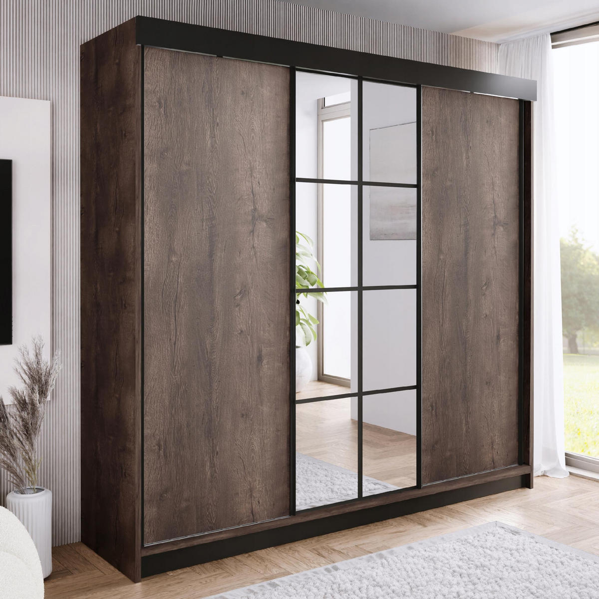 POSUVNÁ ŠATNÍ SKŘÍŇ ARI 1 se zrcadlem 250 - Tmavy Jesan - barva jasanu, kompozitní dřevo (250/200/62cm) - Kier Furniture