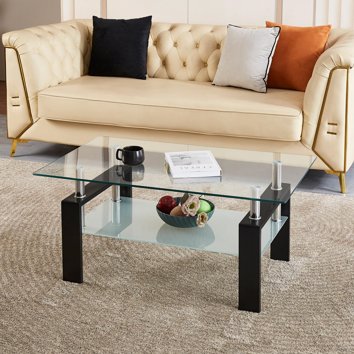 COUCHTISCH DE-37396 rechteckig mit zweistufigem Glas Schwarz - Schwarz, Metall (100/60/44cm) - ComfortXL