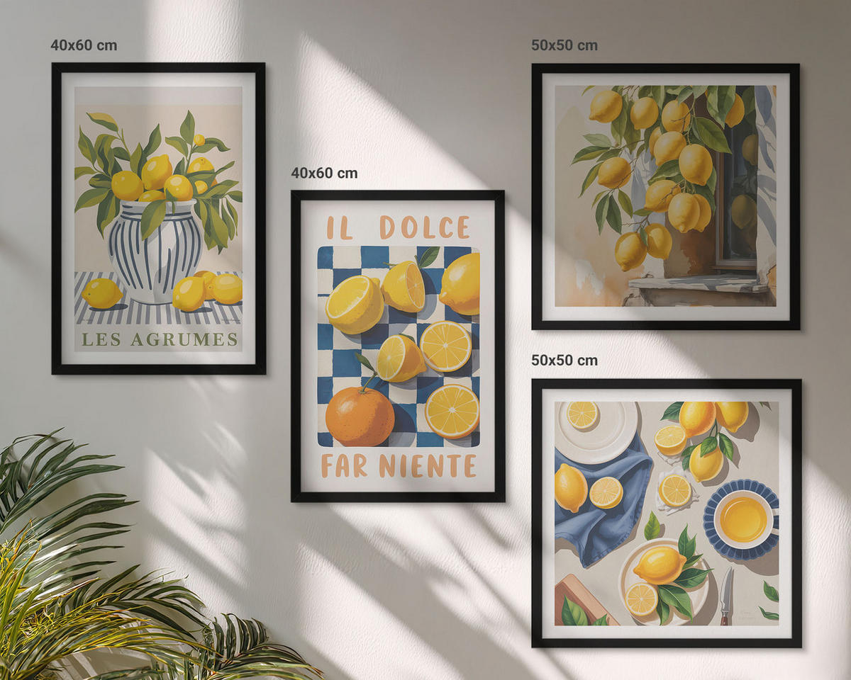 BILDER SET 4er Set - 50x50 cm & 40x60 cm Schwarzer Rahmen - Retro gelbe Zitrusfrüchte - Schwarz, Kunststoff (50/50cm) - TULUP