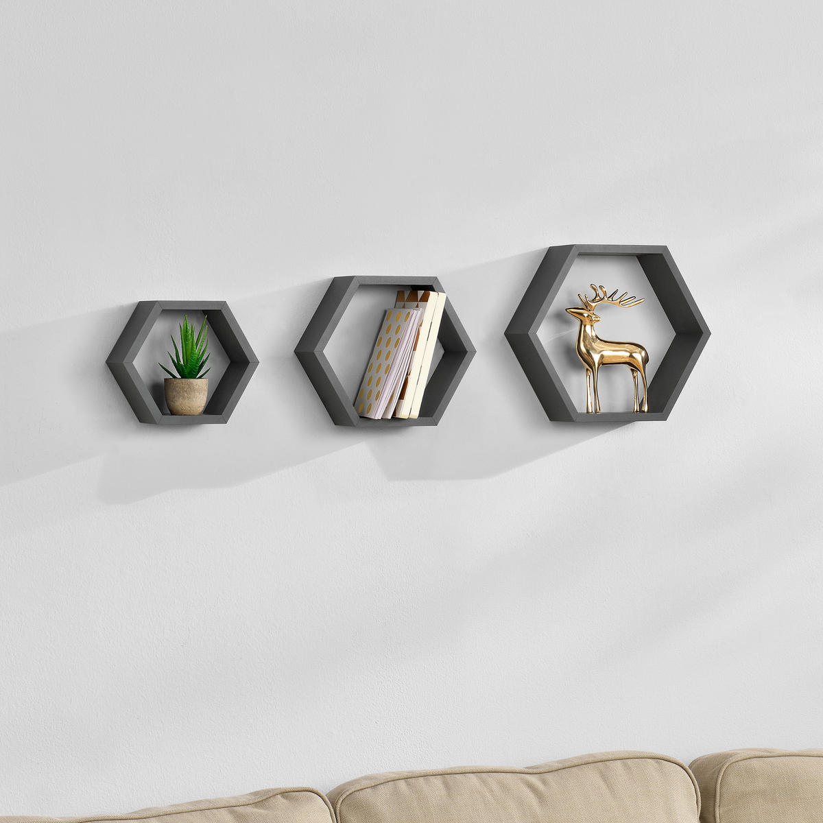 WANDREGAL-SET 3 TLG. Greiz - Dunkelgrau, Holzwerkstoff (30/26/9cm) - [en.casa]