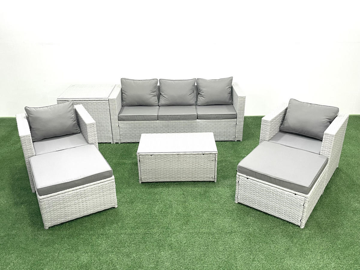 GARTENMÖBELSET mit 3-SITZER SOFA,COUCHTISCH Polyrattan Hellgrau-Mix 7-Sitzer - Hellgrau/Grau, Glas/Kunststoff - Fimous