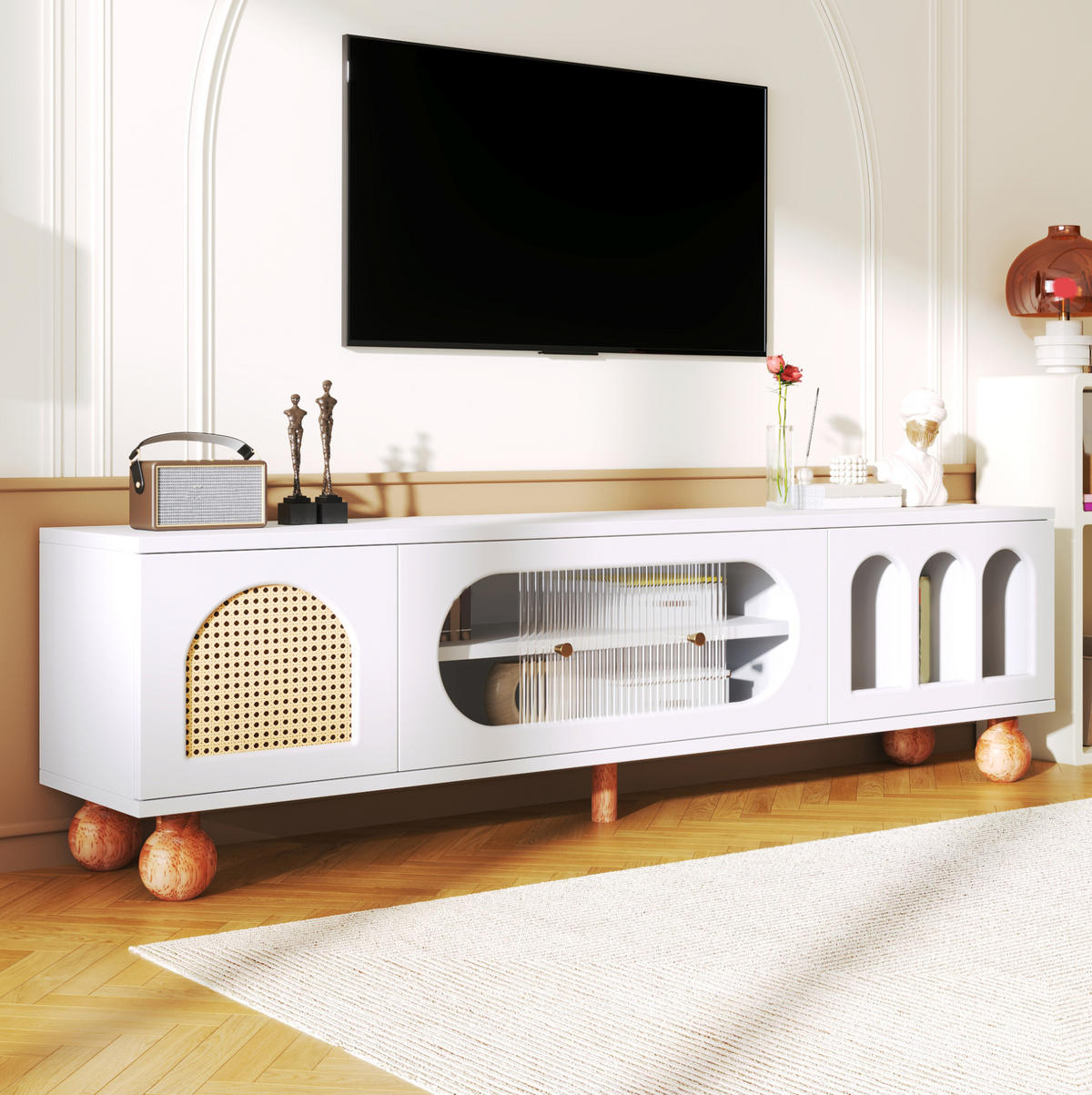 TV-ELEMENT mit Glasschiebetür 170 x 47 x 37 cm Weiß Holzoptik - Weiß, Holzwerkstoff (37/47/170cm) - Beauniv