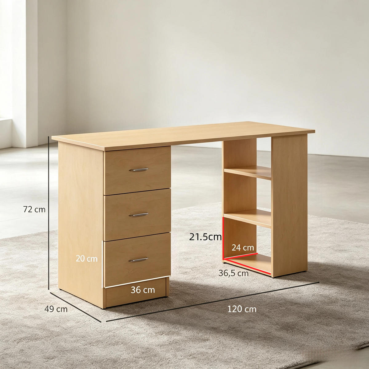COMPUTERTISCH mit Schubladen und 3 Regalen 120x49cm - Braun, Holzwerkstoff (49/120/72cm) - Gisaae