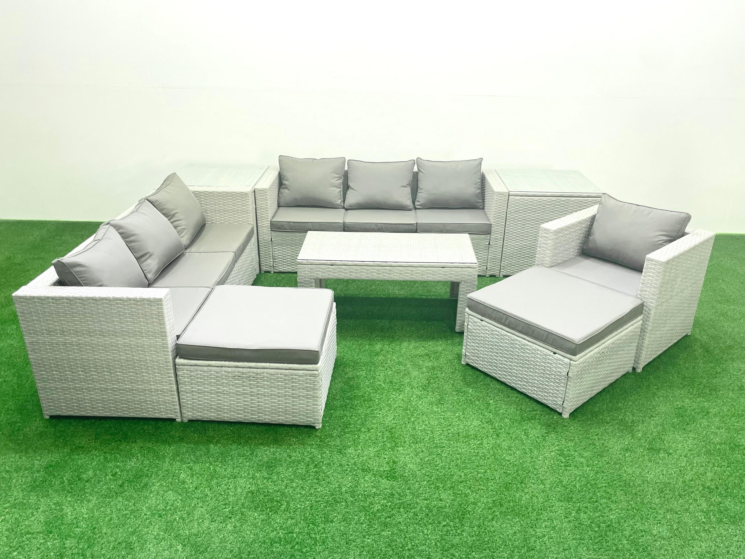 GARTENSOFA hohe Rückenlehne Polyrattan Hellgrau-Mix 9-Sitzer - Hellgrau/Grau, Glas/Kunststoff - Fimous