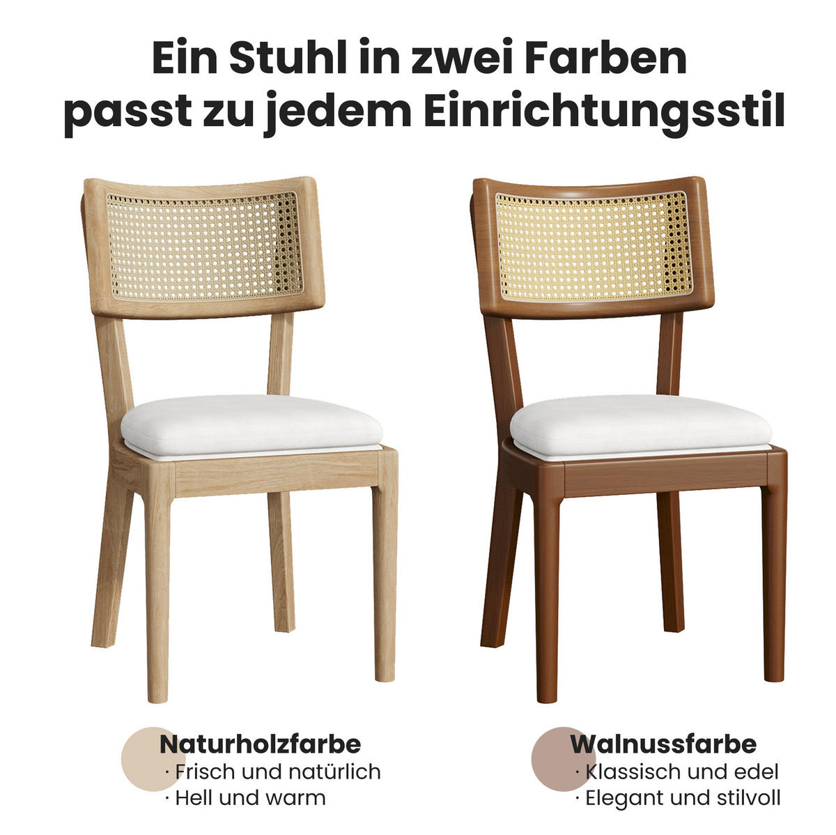 ESSZIMMERSTÜHLE 2er-Set Massivholz mit Rattan-Rückenlehne Leinen Nussbaum - Braun, Holz (58/88/50cm) - Meubliv