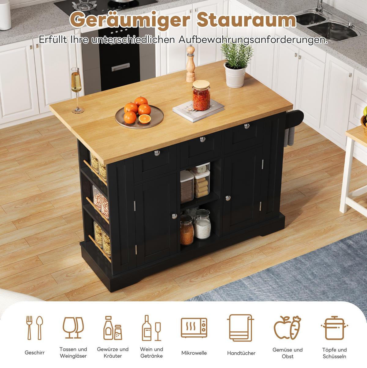 KÜCHENINSEL 132/87/40(70) cm Natur/Schwarz aus MDF mit klappbarer Arbeitsplatte - Schwarz, Holzwerkstoff (70/87/132cm) - OKMYHOME