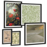BILDER SET 5er Set - 50x50 cm & 20x30 cm & 40x60 cm Schwarzer Rahmen - Blumen und Vögel in natürlicher Umgebung - Schwarz, Kunststoff (40/60cm) - TULUP