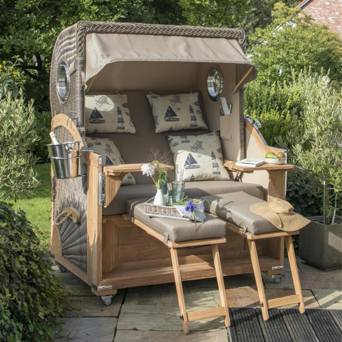 STRANDKORB Baltikum Teak 2,5 Sitzer - Taupe/Braun, Holz/Metall (142/170/95cm) - Mr. Deko