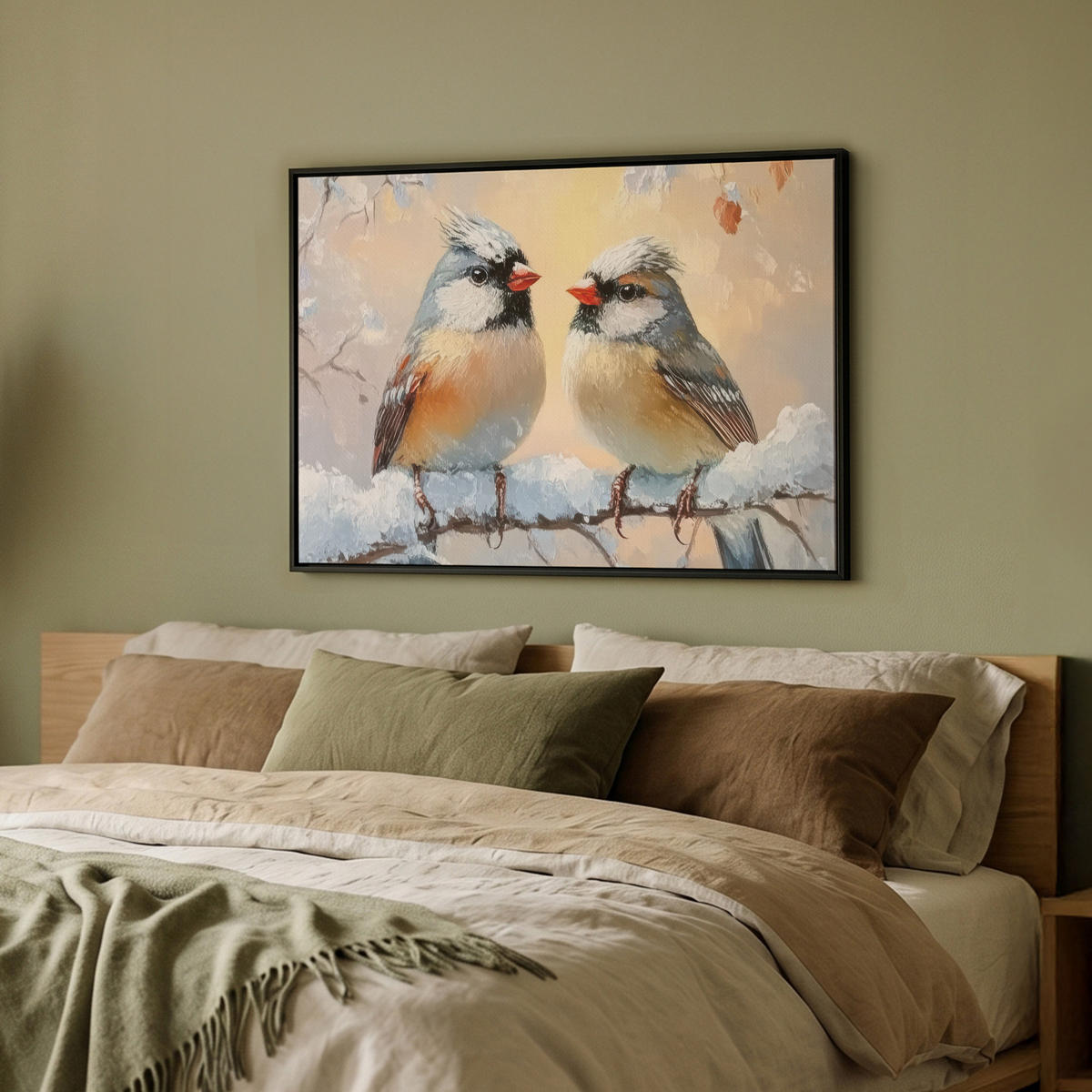 LEINWAND Bilder mit Rahmen - Vögel - Zweig - Winter - Schnee - 70x50 - Pastellblau, Textil (70/50cm) - MuchoWow
