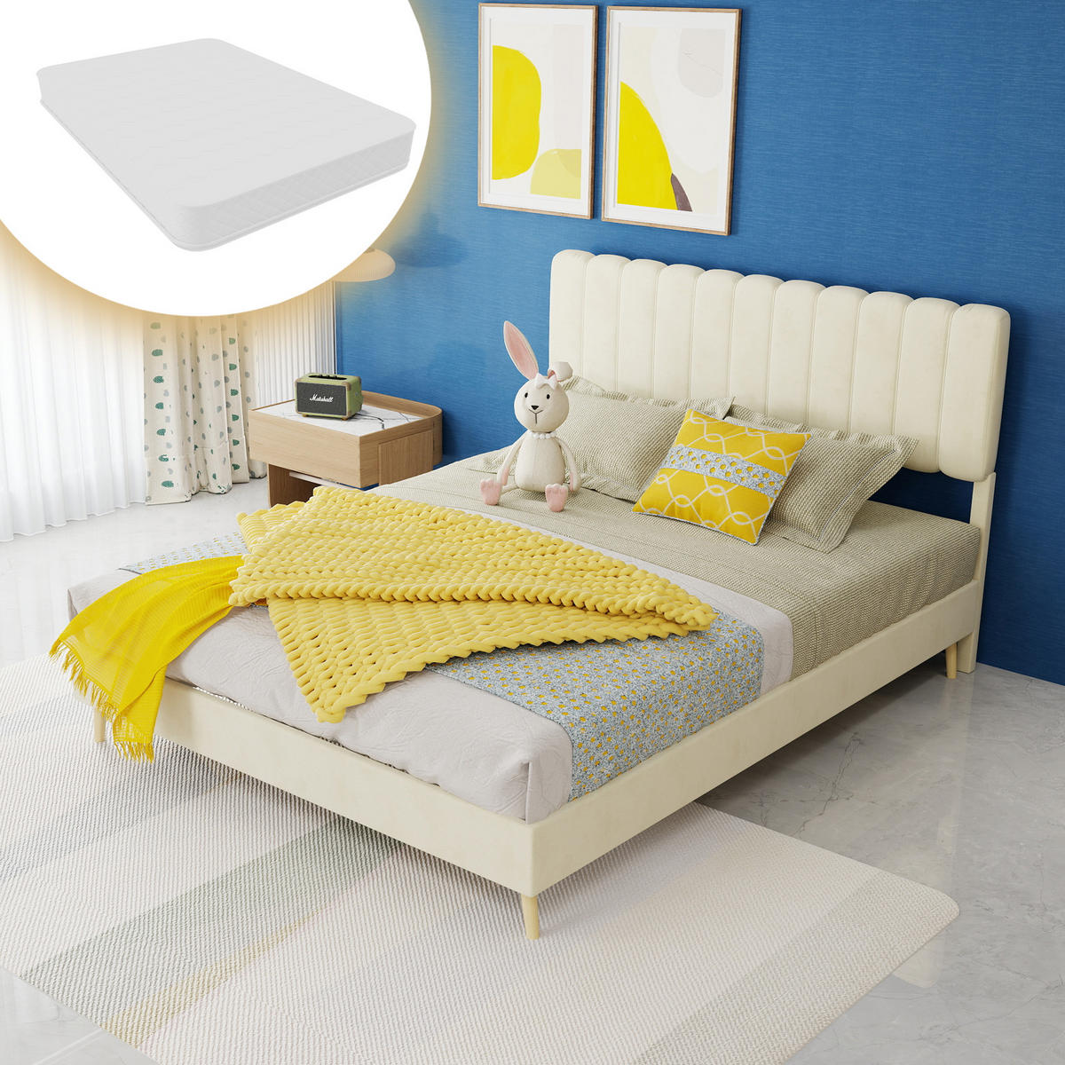 POLSTERBETT 140/200 cm DE-32951 mit hohem Kopfteil und Matratze Beige - Beige, Metall (140/200cm) - ComfortXL