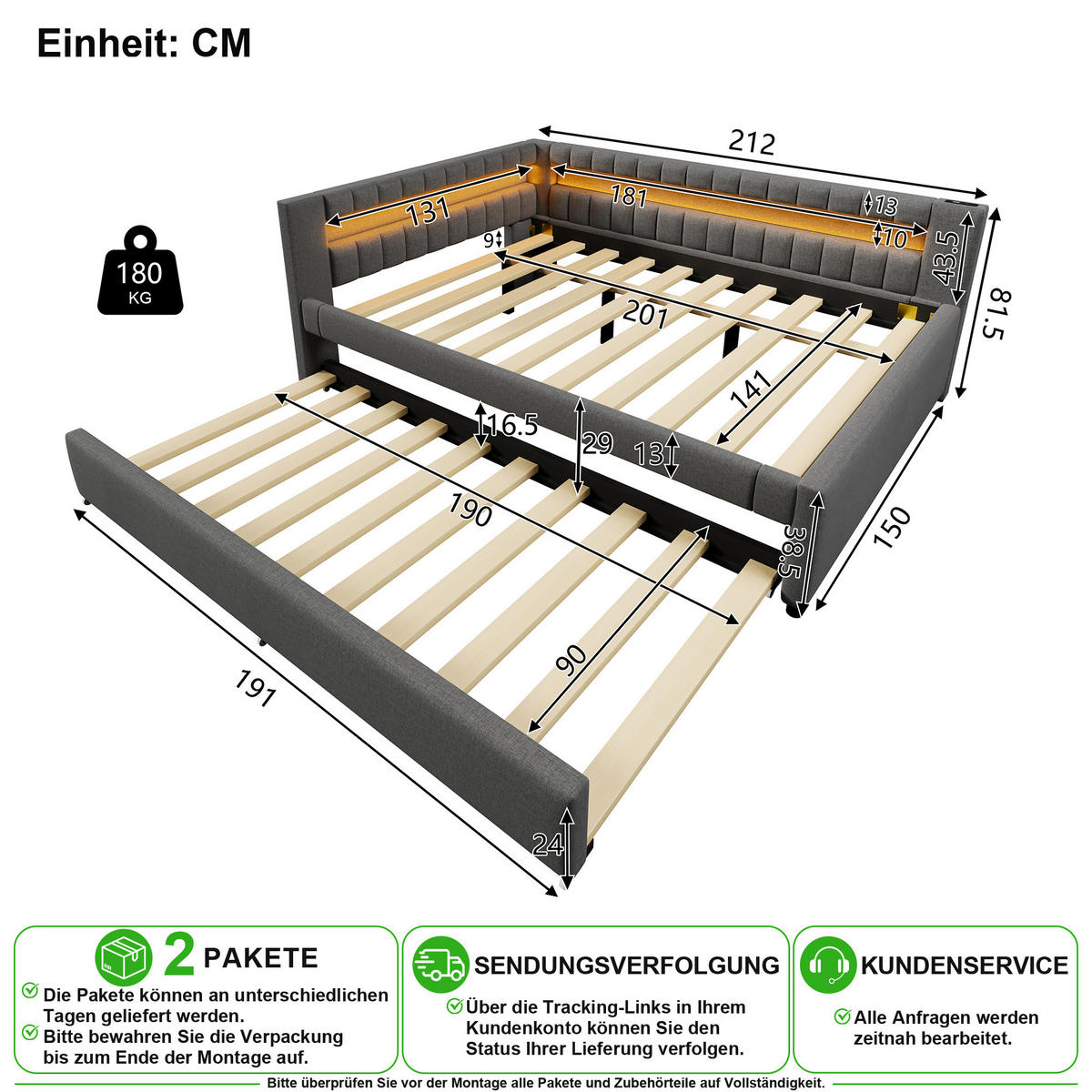 VÝSUVNÁ POSTEL 140/200 cm & 90/190 cm v šedé barvě s LED, USB a Type-C - šedá, kov/kompozitní dřevo (140/200cm) - CHICFURN