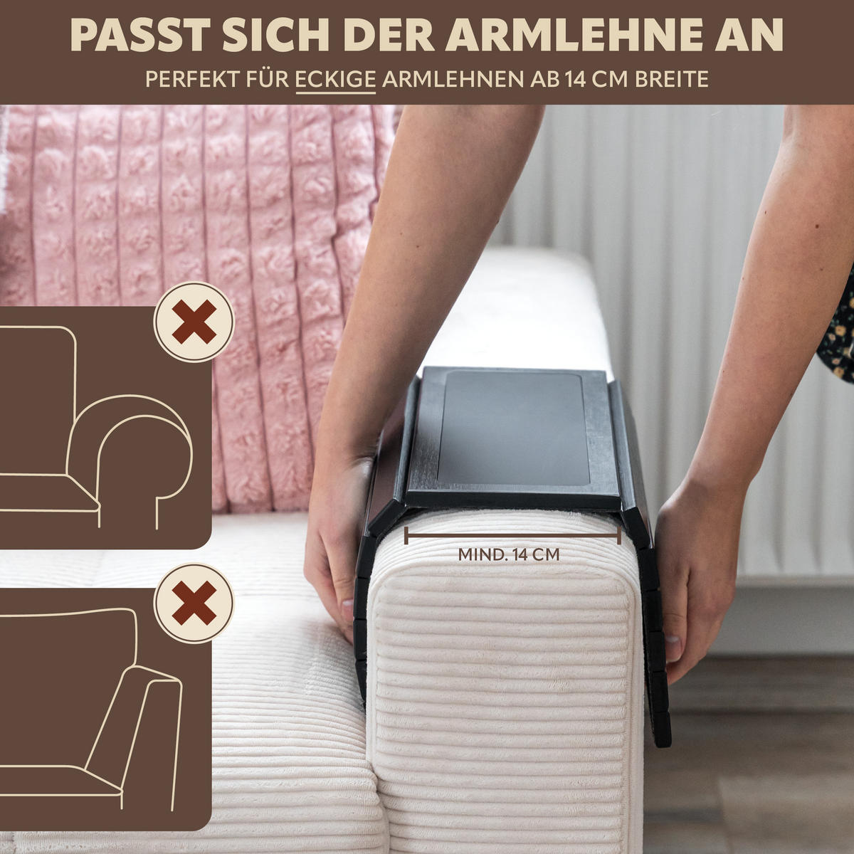 ARMLEHNEN-SOFATABLETT mit rutschfester Silikonablage, Bambus, schwarz - Schwarz, Naturmaterialien (47/1/34cm) - eluno