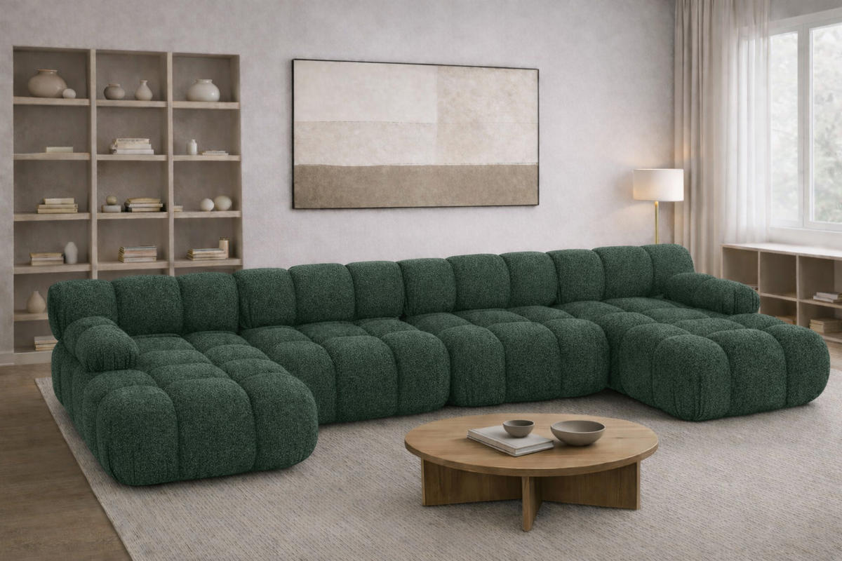 ECKSOFA U-Form XL, Stoff Bouclé Abriamo, Dunkelgrün, Selia U XL - Dunkelgrün, Holz (380/70/160cm) - Kaiser Möbel