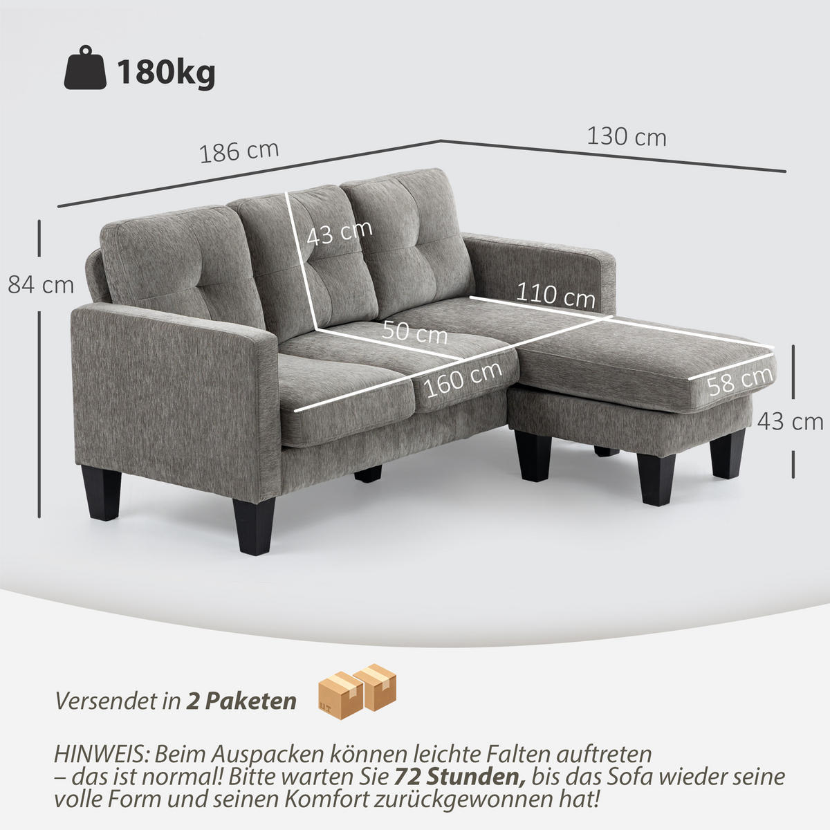 ECKSOFA, Eck-Couch mit umkehrbarer Chaiselongue, Chenille-Optik, Braun - Braun, Textil (130/186cm) - HOMCOM