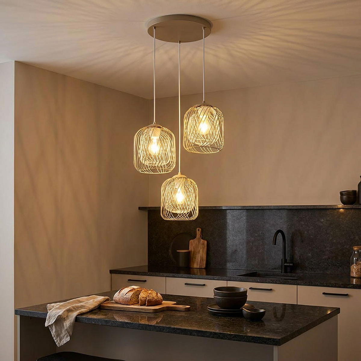 LED PENDELLEUCHTE DICHTI Metall Sand 3-flammig - Bernsteinfarben, Glas (39.4/39.4/150cm) - Globo Lighting