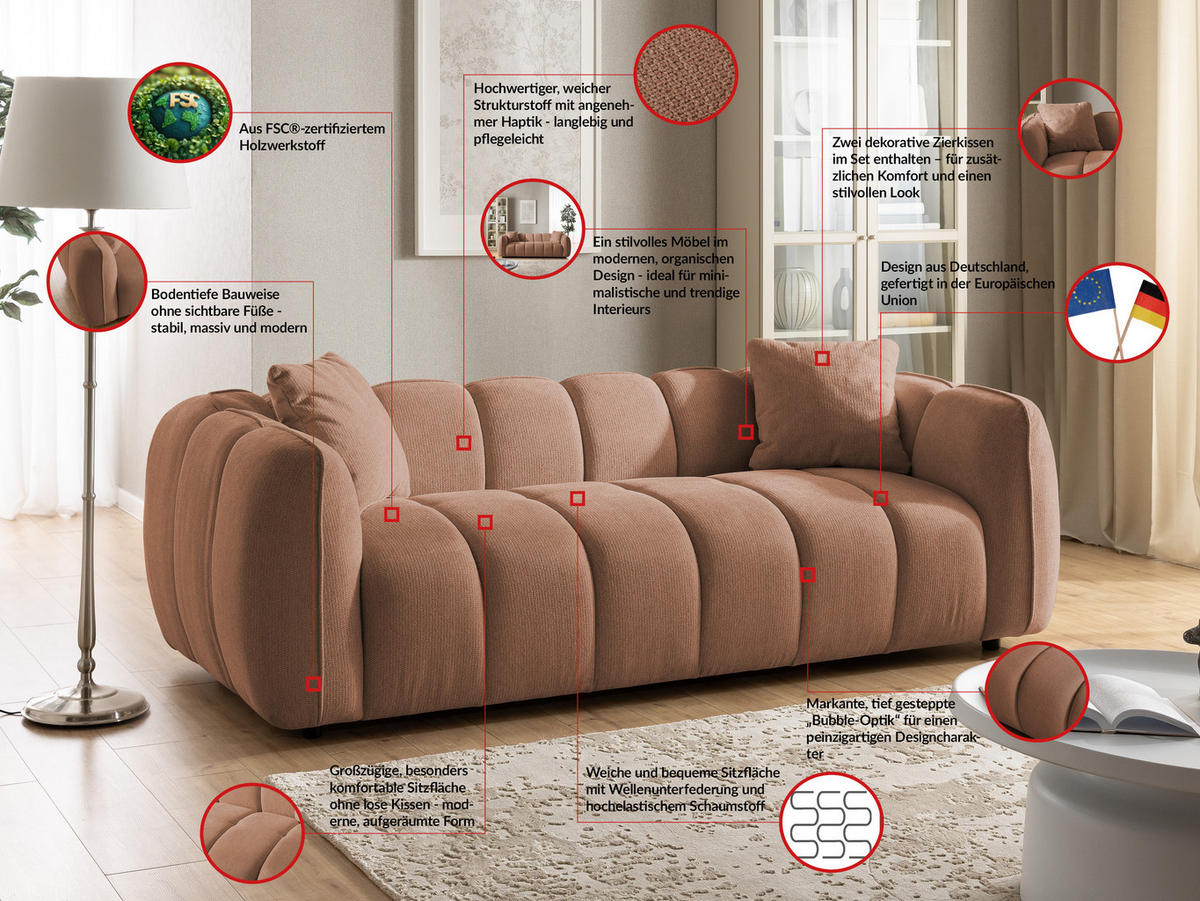 3-SITZER SOFA Nubira in tief gesteppter Bubble-Optik aus weichem Terrakotta Strukturstoff im modernen Design - Terracotta/Schwarz, Holz/Kunststoff (228/69/89cm) - S-Style Möbel