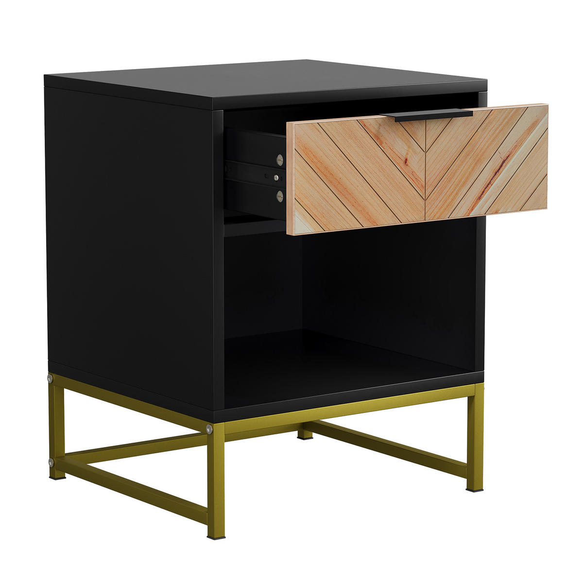 NACHTTISCH 43 cm Schwarz & Natur – Nachtkonsole mit Schublade & Metallbeinen Industrial - Naturfarben, Holzwerkstoff (43/55/40cm) - Urban Meuble