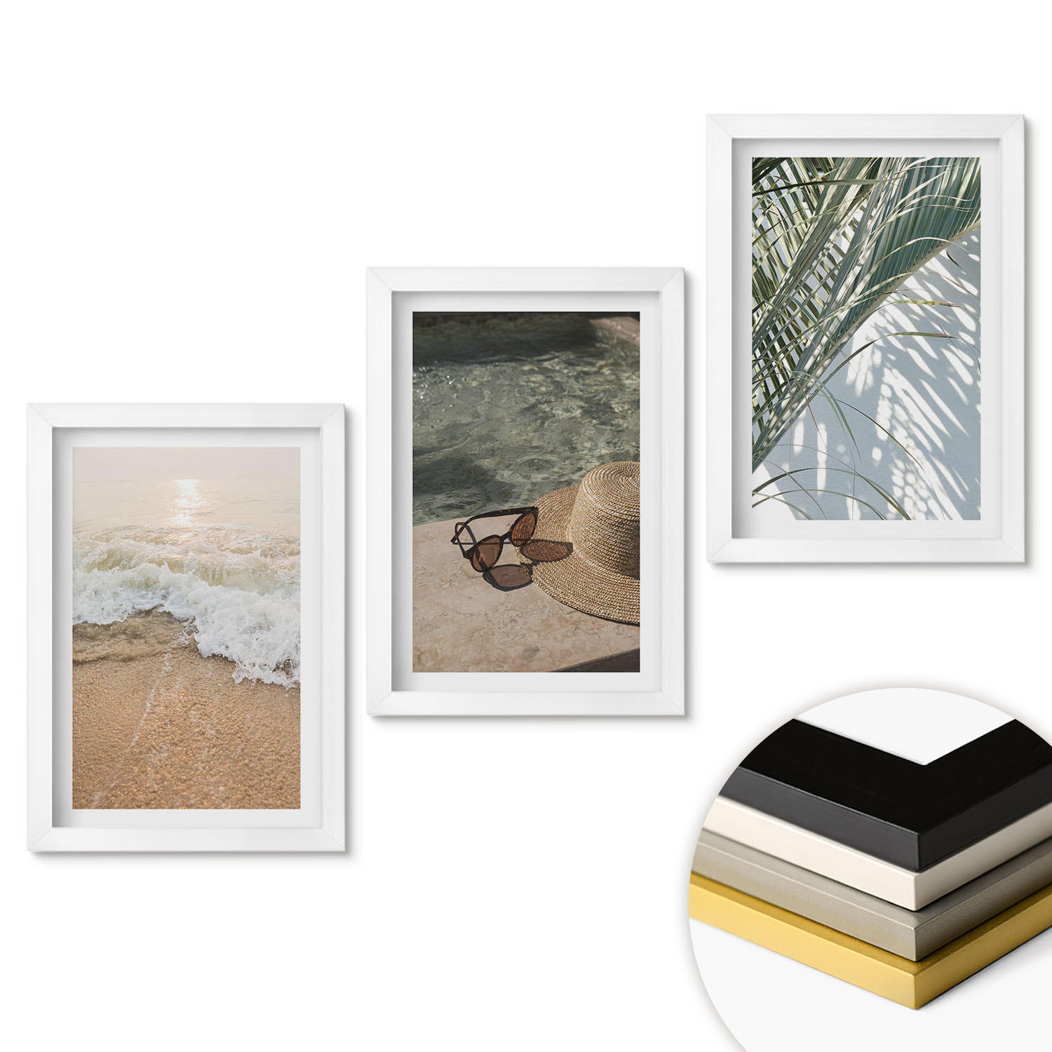 WANDBILDER 3er-Set - 20x30 cm Weißer Rahmen - Strandhut und Sonnenbrille - Weiß, Kunststoff (20/30cm) - ArtPrintCave