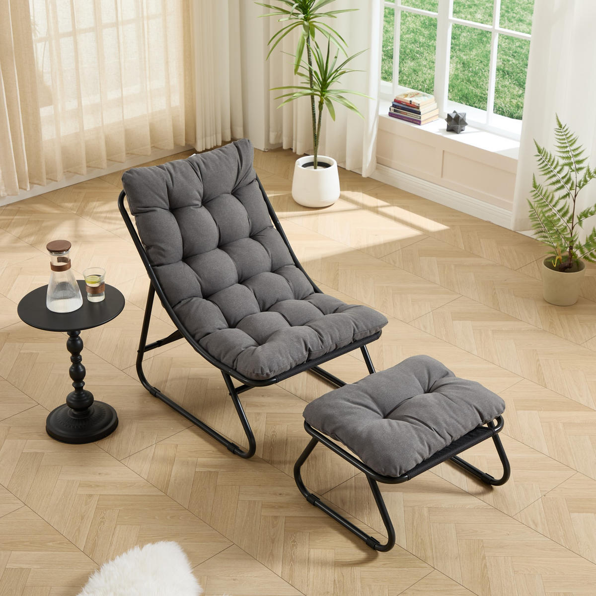 SESSELSET, Relaxsessel mit Hocker,Stahlrahmen,Polyester,Grau - Hellgrau, Kunststoff (78/86/65cm) - LVHOM