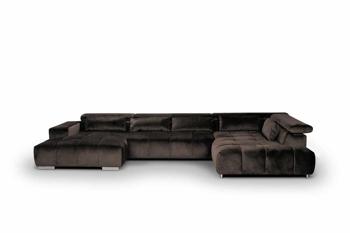 WOHNLANDSCHAFT XXL mit verstellbaren Kopflehnen, Velvet-Stoff - Silberfarben/Braun, Textil/Metall (225/73/409cm) - Cotta