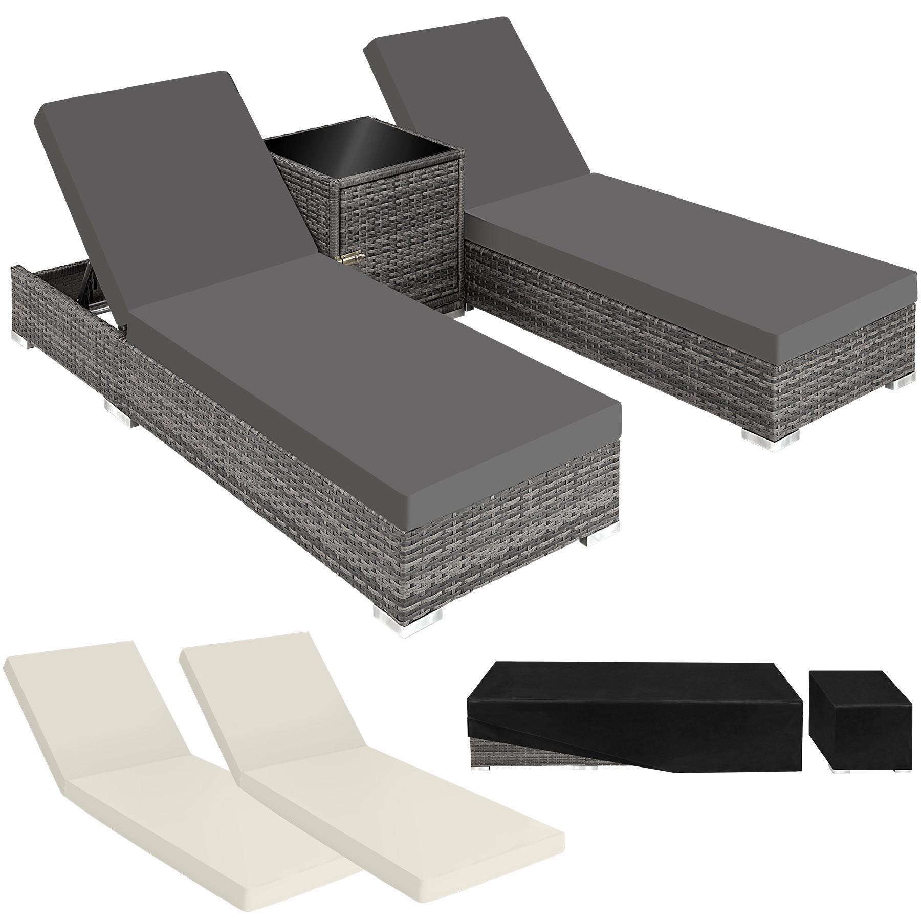 RATTAN-SONNENLIEGEN 2er Set ,wetterfest und UV-beständig,grau - Grau, Kunststoff (60/21/184cm) - tectake