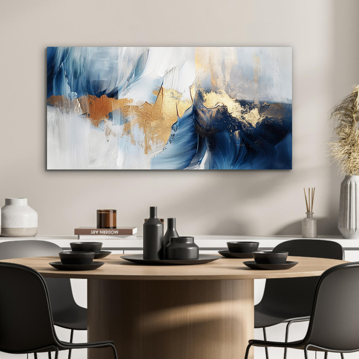 KOVOVÝ OBRAZ Zlatá - modrá - akvarel - umenie - moderné 80x40 cm - svetlomodrá, kov (80/40cm) - MuchoWow
