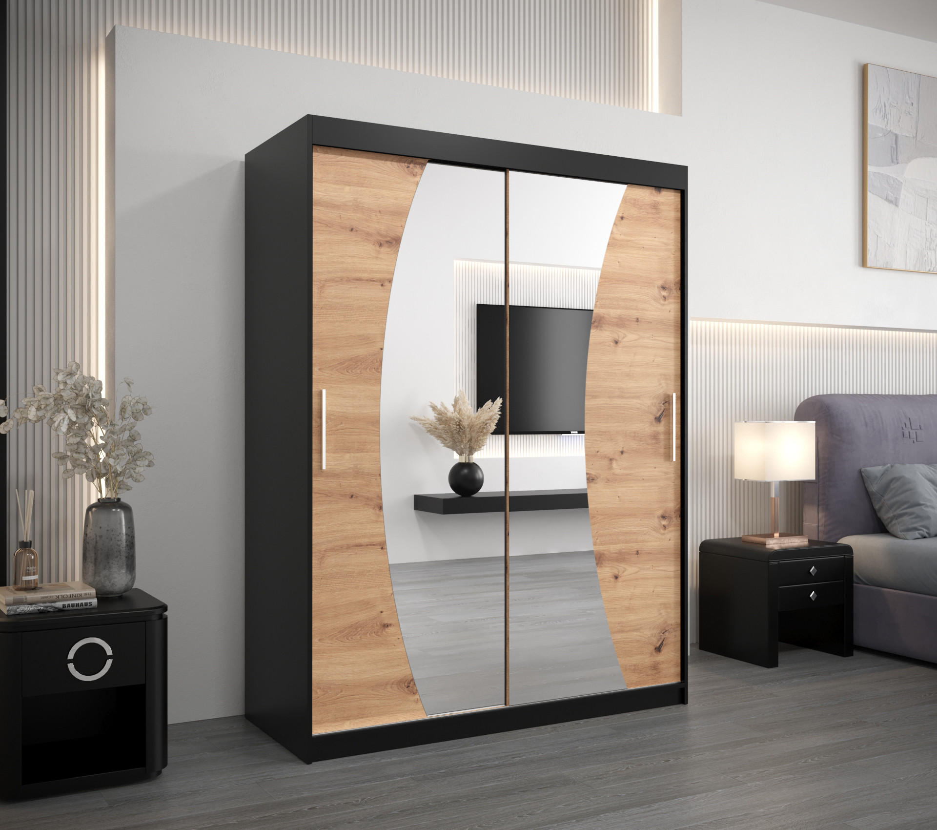 SCHWEBETÜRENSCHRANK 200/150/62 2-türig - Silberfarben/Schwarz, Holz/Kunststoff (150/200/62cm) - Abiks Möbel