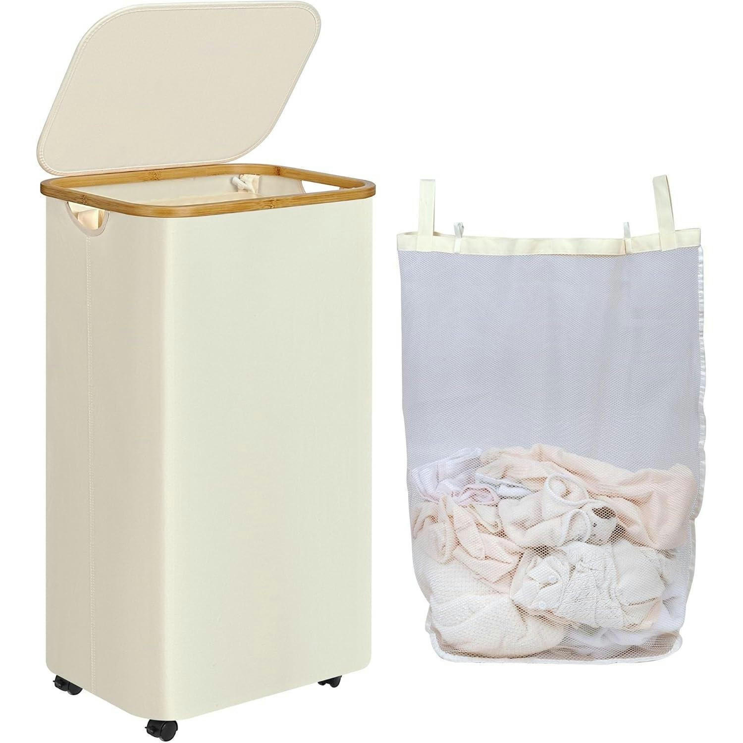 WÄSCHEKORB mit Deckel und Rollen 110L Beige - Creme, Textil (33/79/44cm)
