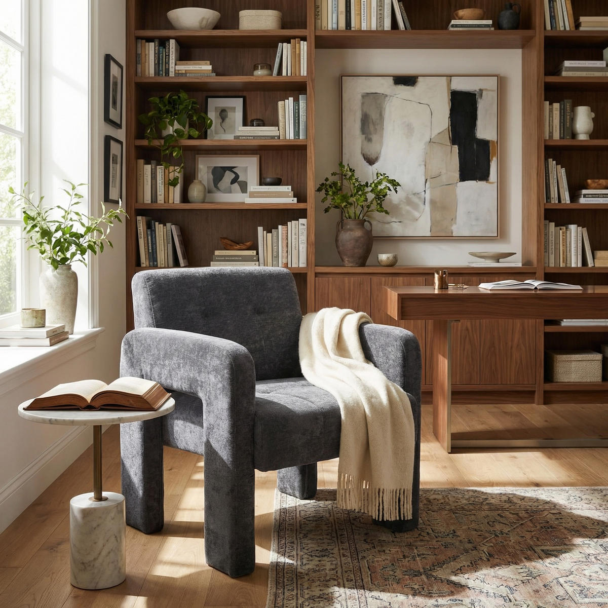 SESSEL Nordic Style aus Chenille mit ergonomischen Armlehnen - Grau, Textil (67.5/74.5/69cm) - Urban Meuble