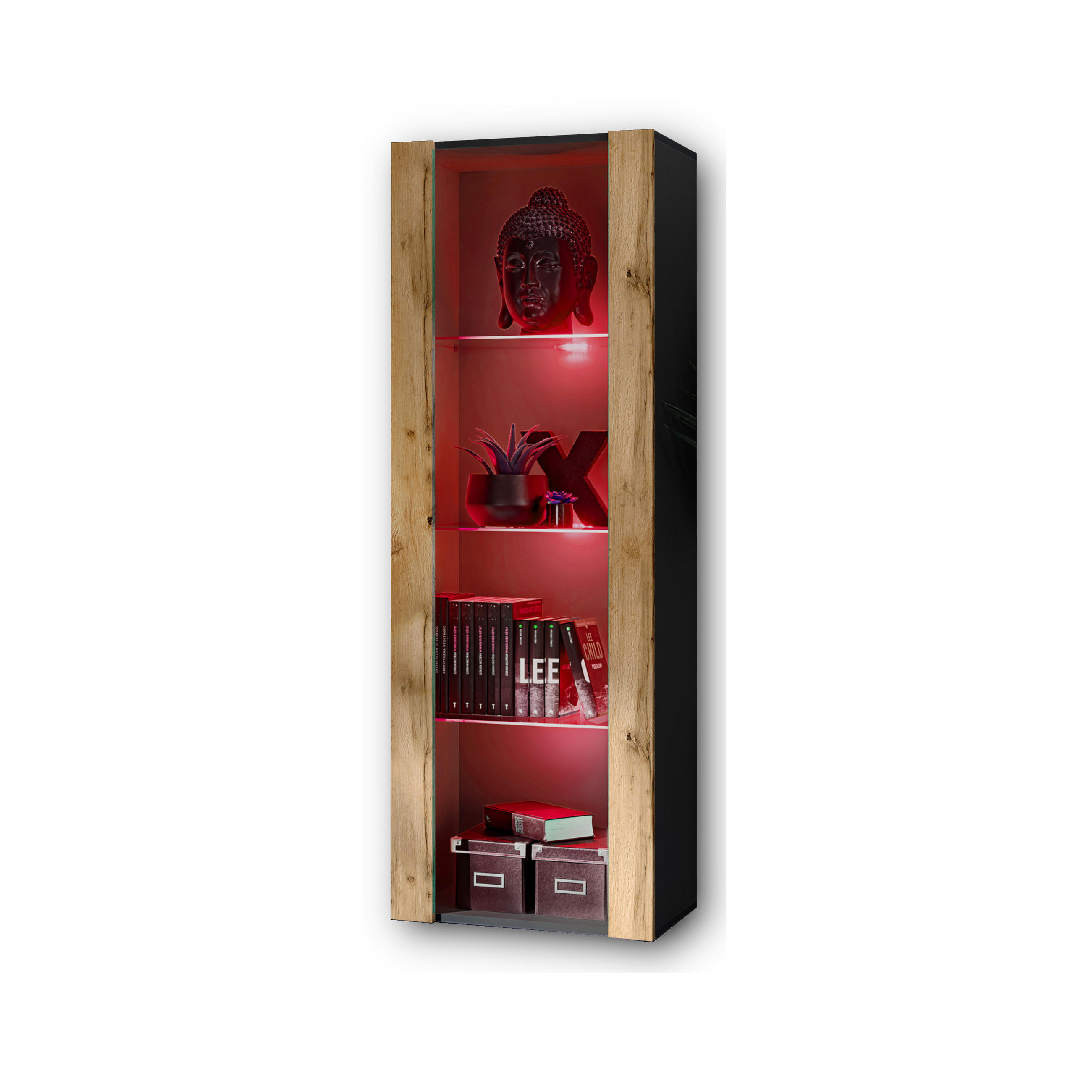 VITRINE TIVOLI, Schwarz + Eiche Wotan, LED Mehrfarbige - Eiche Wotan/Schwarz, Glas/Holzwerkstoff (55/159/35cm) - Komodee