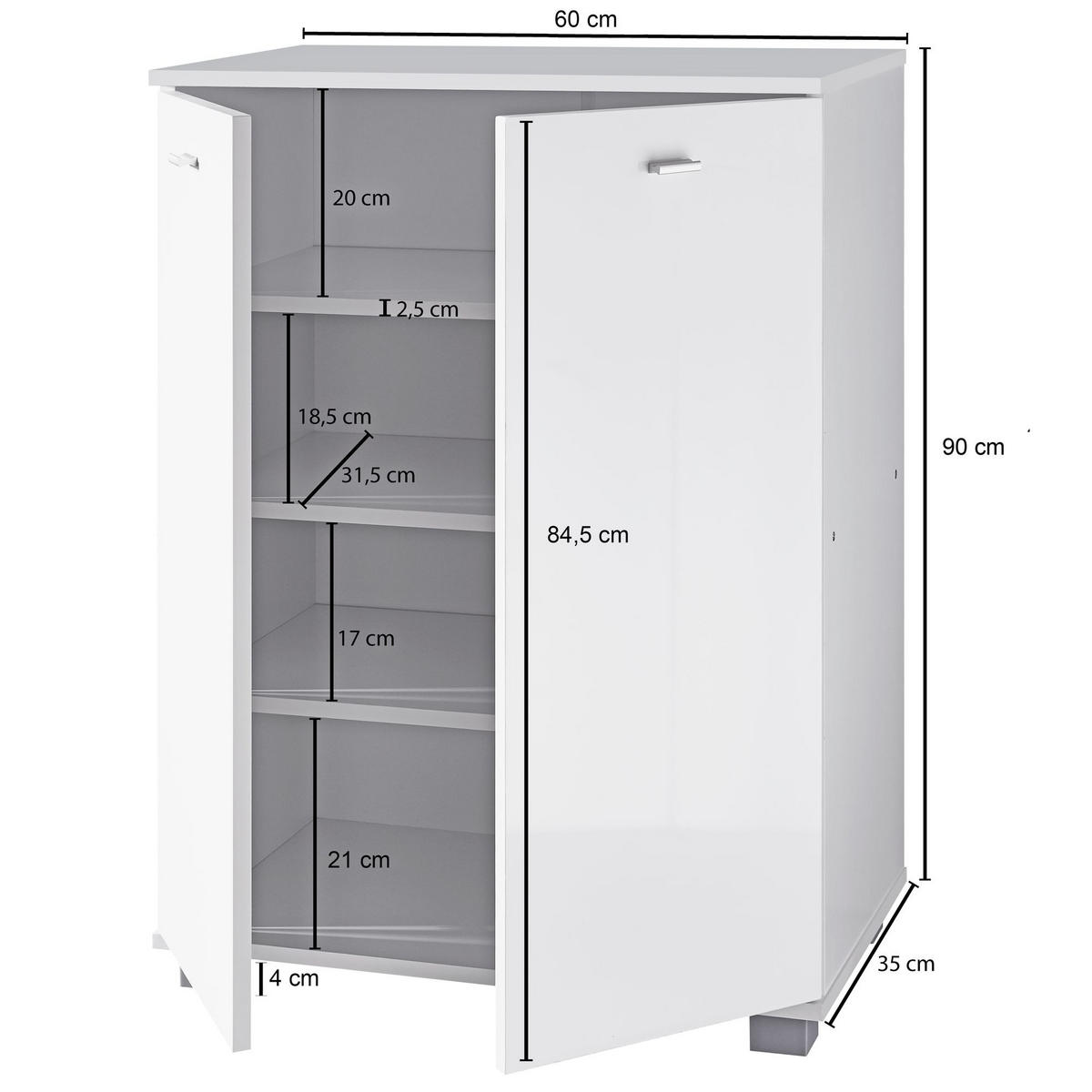 SCHUHSCHRANK Holz mit 2 Türen und 3 Einlegeböden, Weiß 60x35x90 cm - Weiß/Grau, Holz/Kunststoff (60/90/35cm) - KADIMA DESIGN