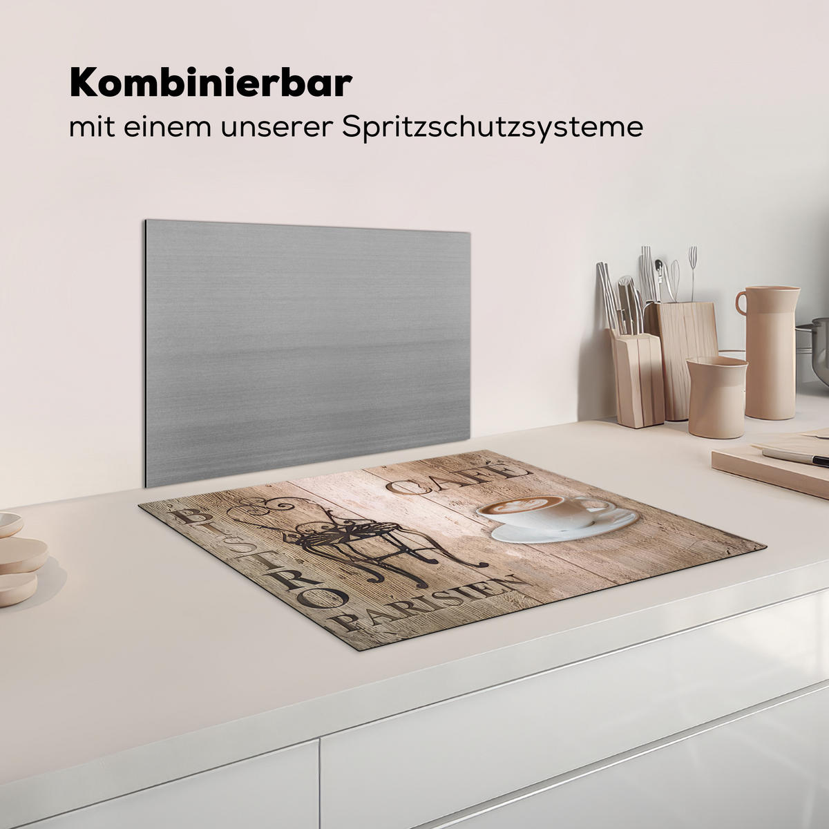 KRYT NA INDUKČNÍ DESKU Bistro Parisien - Kavárna - Káva - Vintage 65x52 cm - kapučínová, plast (65/52/0.2cm) - MuchoWow