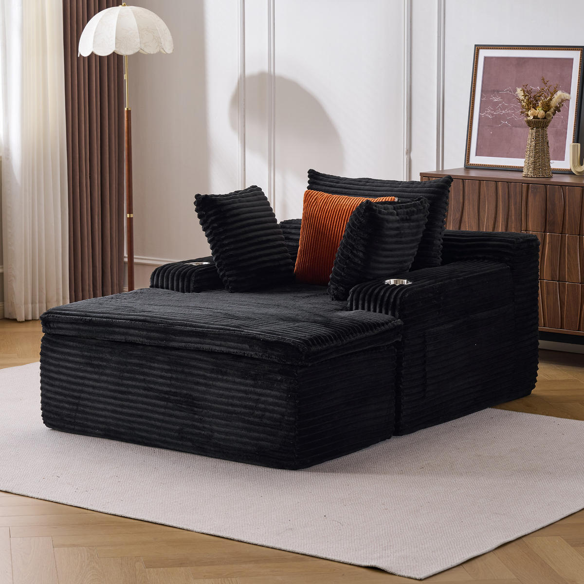 SCHLAFSOFA 165/112/63 cm Schwarz mit Chaiselongue, 3 Kissen und 1 Decke - Schwarz, Textil (112/63/165cm) - Oxeza