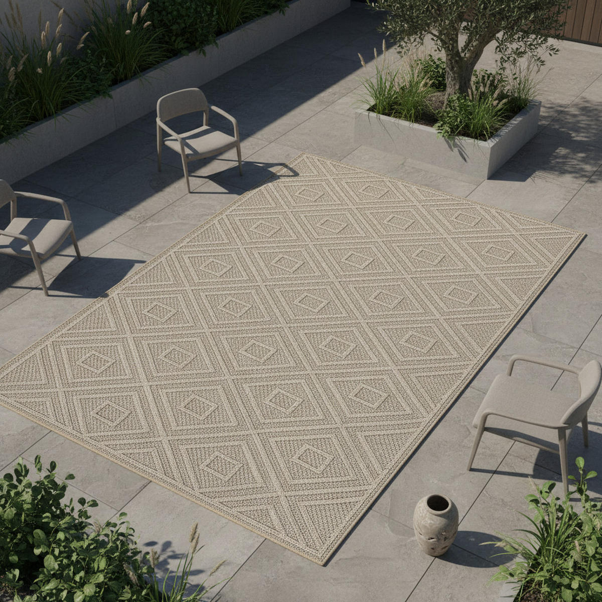 TEPPICH Outdoor Flachgewebe Rauten-Muster Polypropylen Balkon Beige Rechteckig 200x290 - Beige, Textil (200/290cm) - KADIMA DESIGN