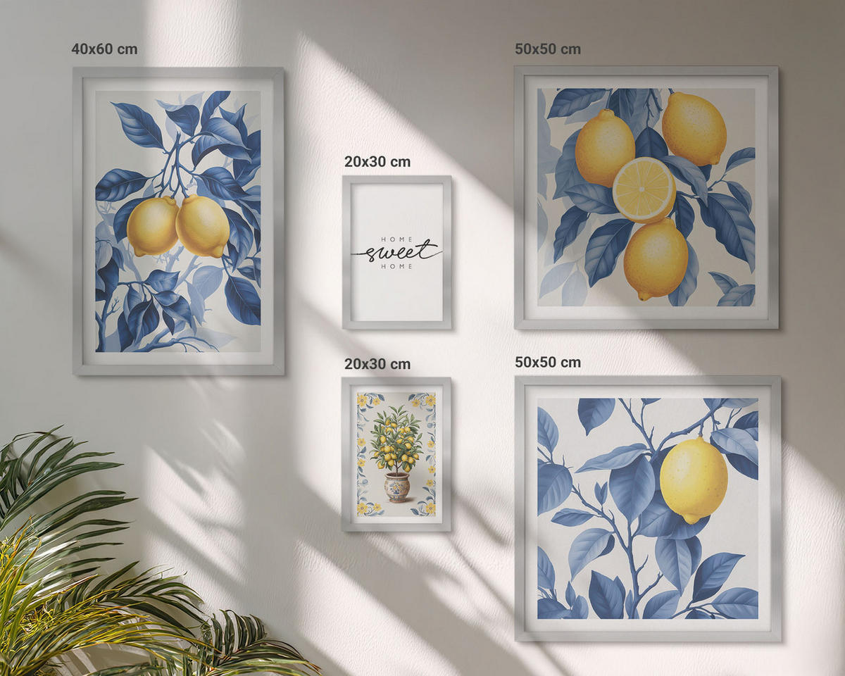 WANDBILDER 5er Set - 50x50 cm & 20x30 cm & 40x60 cm Silberner Rahmen - Zitronenzweige mit blauen Blättern - Silberfarben, Kunststoff (40/60cm) - ArtPrintCave