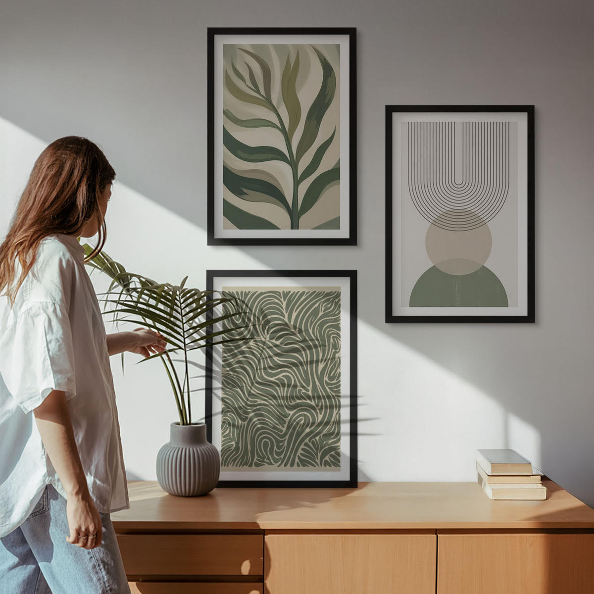 BILDER SET 3er Set - 40x60 cm Schwarzer Rahmen - Geometrische Blattformen - Schwarz, Kunststoff (40/60cm) - TULUP
