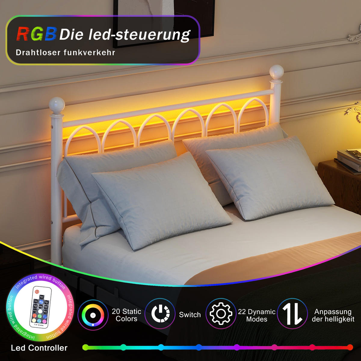 METALLBETT 120x200 cm LED USB Vintage weiß - Weiß, Holzwerkstoff (120/200cm) - LEBENLANG