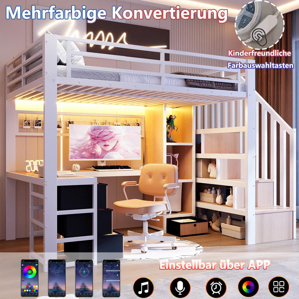 HOCHBETT 90/200 cm in Weiß mit 4 Schubladen, LED und Schreibtisch - Weiß, Holzwerkstoff/Metall (90/200cm) - STILVORA