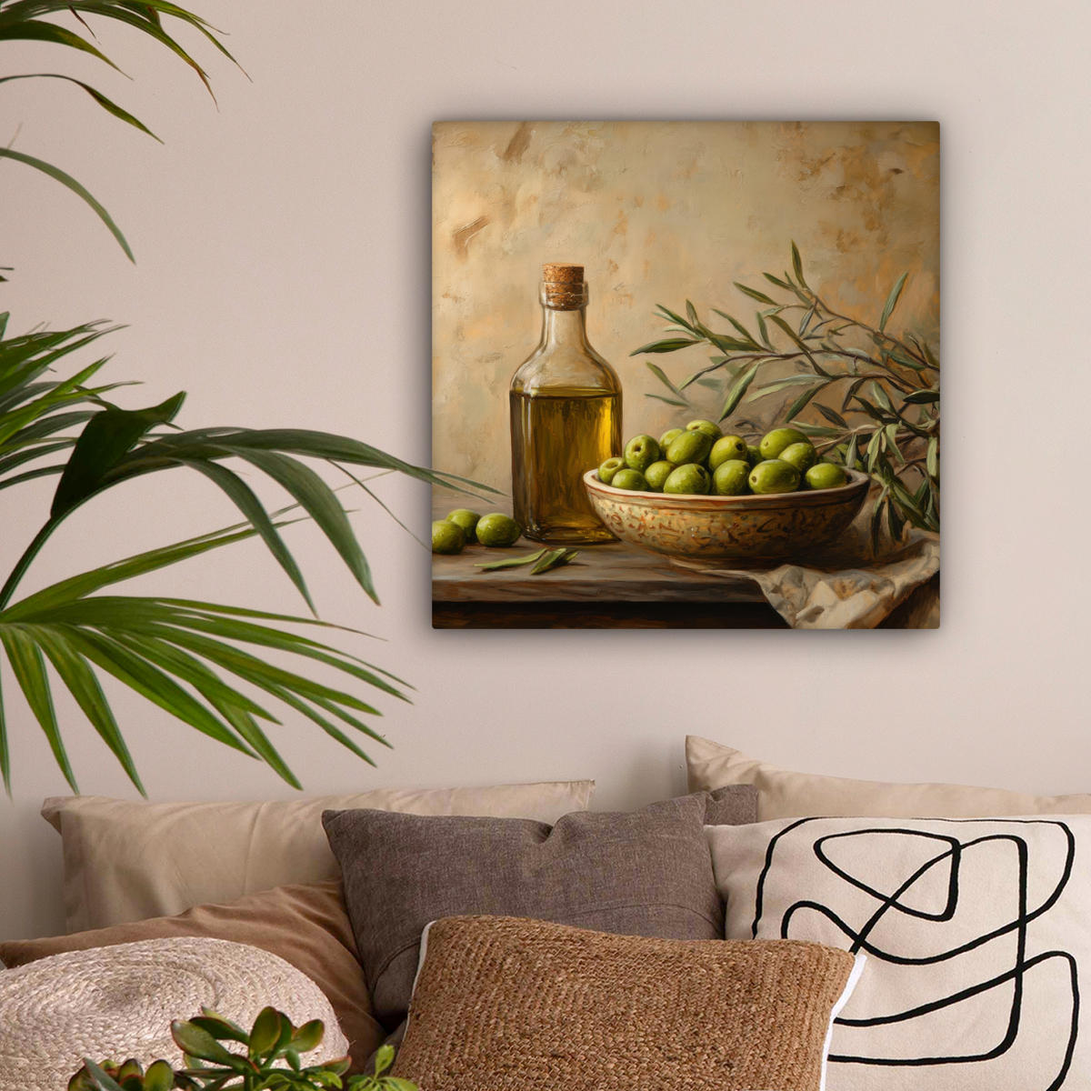 LEINWANDBILD Oliven - Stilleben - Vintage Wandbild Wohnzimmer 50x50 cm - Olivgrün, Textil (50/50cm) - MuchoWow