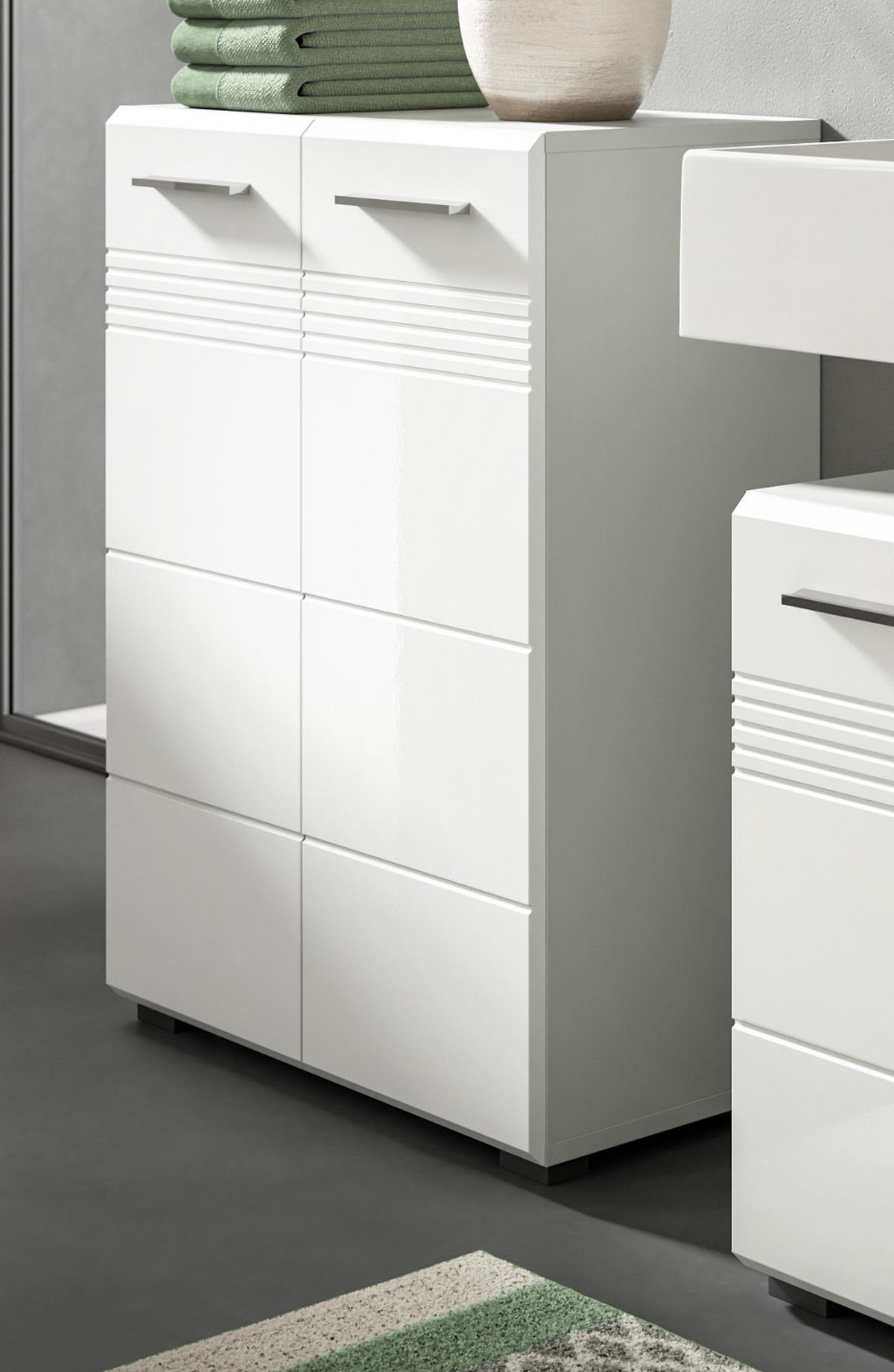 MIDISCHRANK weiß Hochglanz, grau 60 cm, Badschrank mit Soft-Close - Weiß Hochglanz/Silberfarben, Holzwerkstoff/Kunststoff (60/80/30cm) - Inn.Furn