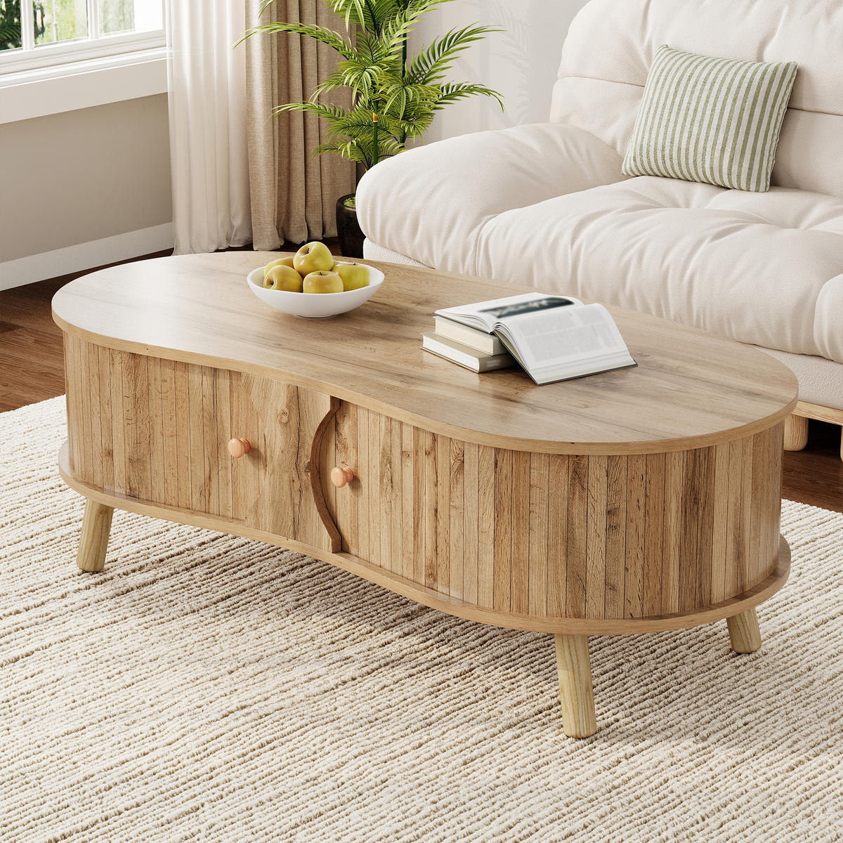 COUCHTISCH organisch Rillenoptik 2 Schiebetüren - Naturfarben, Holz (50/108/37cm) - LEBENLANG