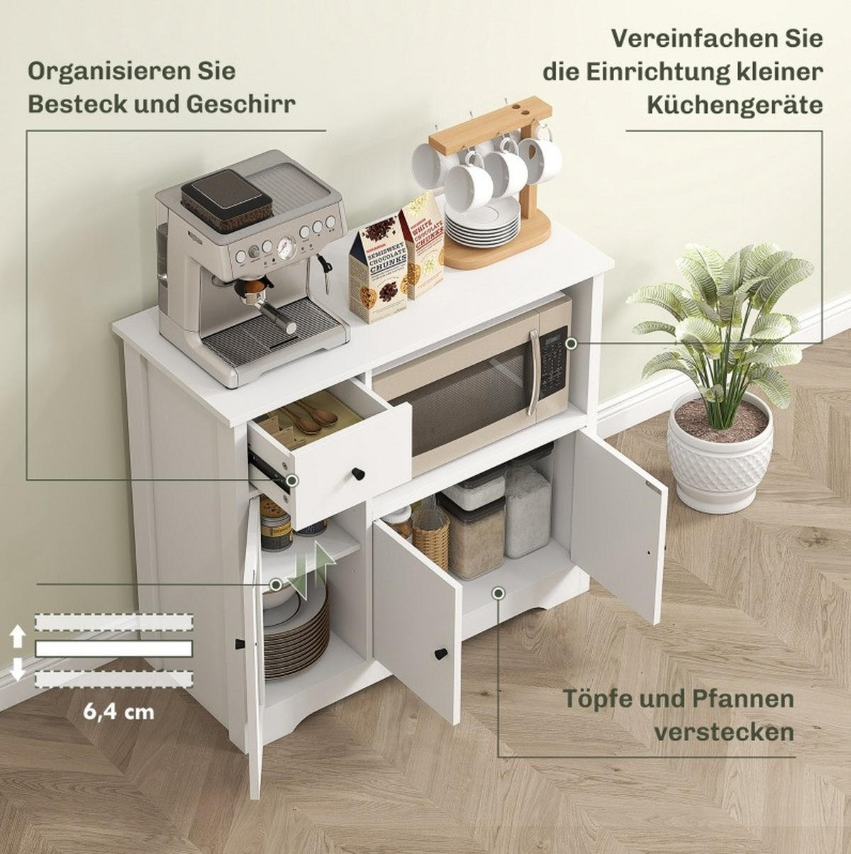 SIDEBOARD aus Holz 35x80x72,2 cm Weiß mit Schublade, 3 Türen und offenem Fach mit Kabelloch - Weiß, Holzwerkstoff (80/72.2/35cm) - Modfu