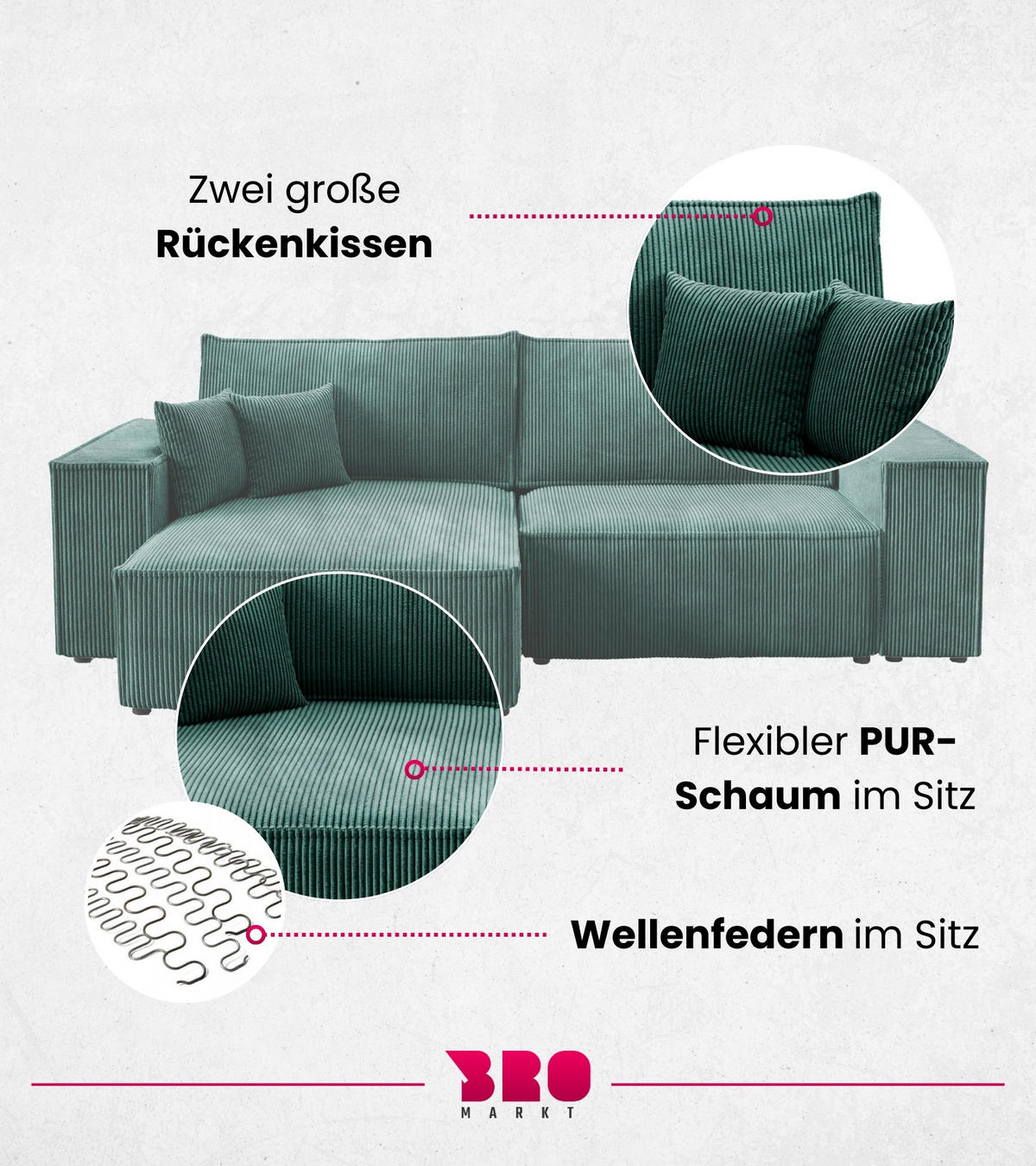 ECKSOFA Pedro mit Schlaffunktion Grün Cord - Grün, Textil (255/153cm) - Bromarkt